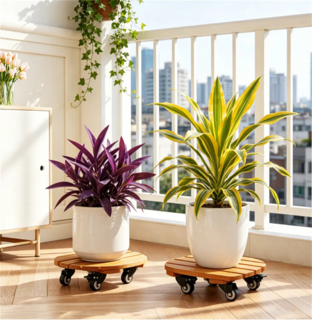 Rolling Plant Caddy Set of 4, 12" Round Acacia Wood Plant Stands With Locking Wheels, Natural Finish