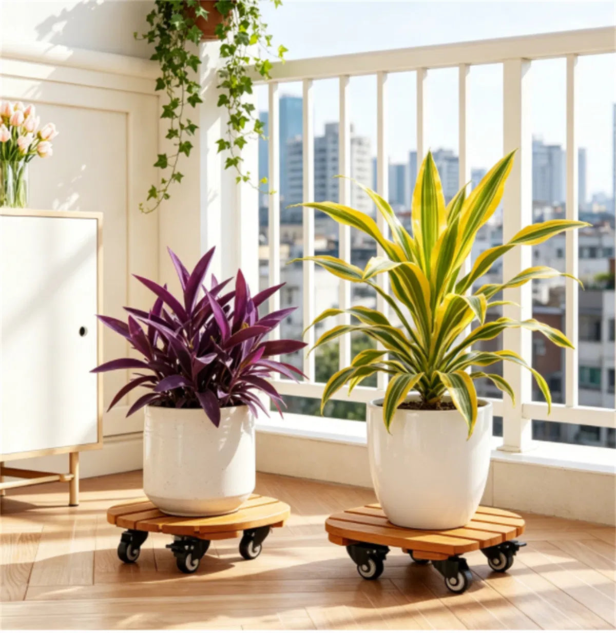 Rolling Plant Caddy Set of 4, 12" Round Acacia Wood Plant Stands With Locking Wheels, Natural Finish