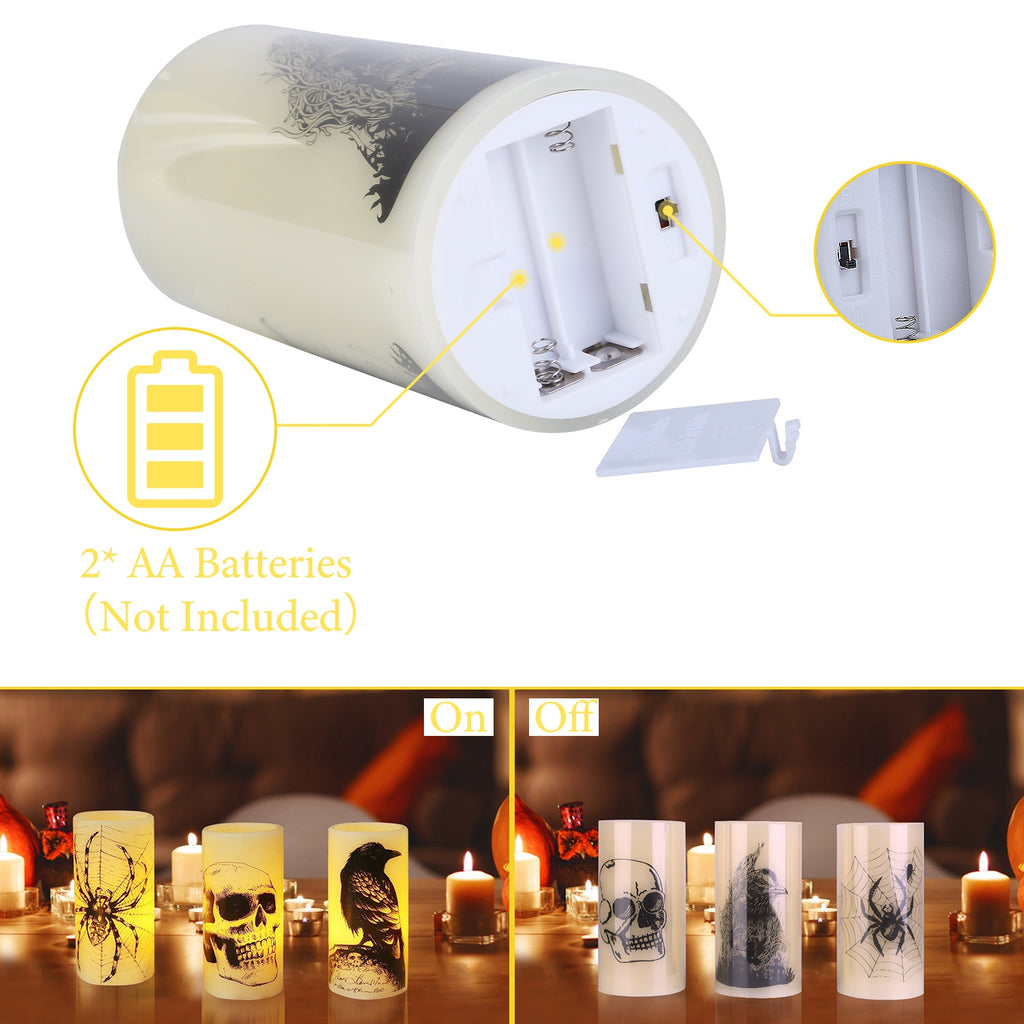 Halloween Flameless LED Candles, Set of 3 Battery Operated Pillar Candle Lamps With 6-Hour Timer, Warm Orange Light