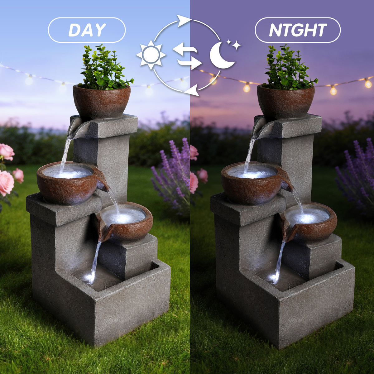 Outdoor Water Fountain With LED Lights, 23.6 in. Tiered Cascading Resin Garden Waterfall With Planter, Gray Stone Look