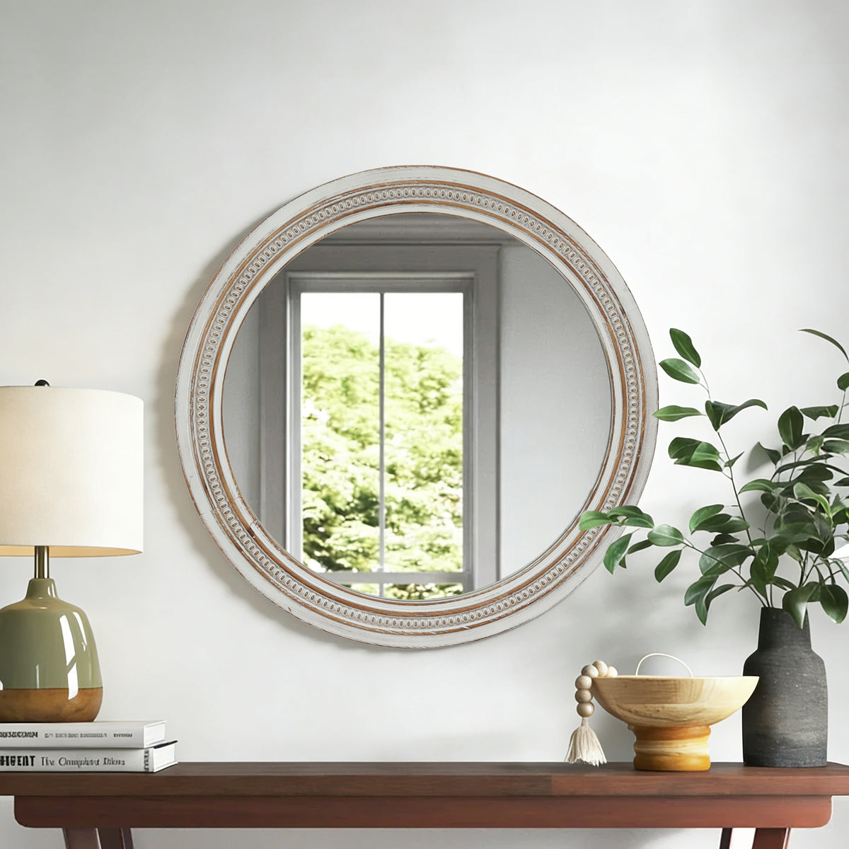 Vintage Round Wall Mirror, 23.62" Distressed White Beaded Frame Mirror for Bathroom, Living Room and Entryway