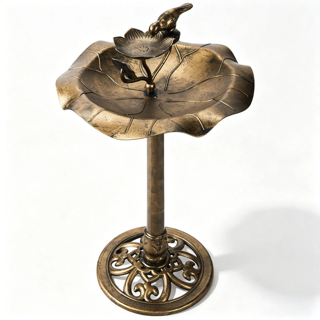 Pedestal Bird Bath with Feeder Tray, Antique Bronze Resin Lotus Leaf Basin, 50 x 50 x 86 cm Garden Birdbath