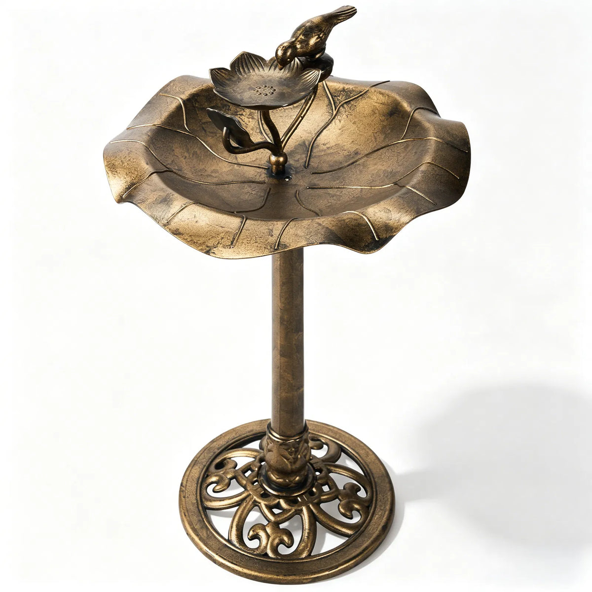 Pedestal Bird Bath with Feeder Tray, Antique Bronze Resin Lotus Leaf Basin, 50 x 50 x 86 cm Garden Birdbath