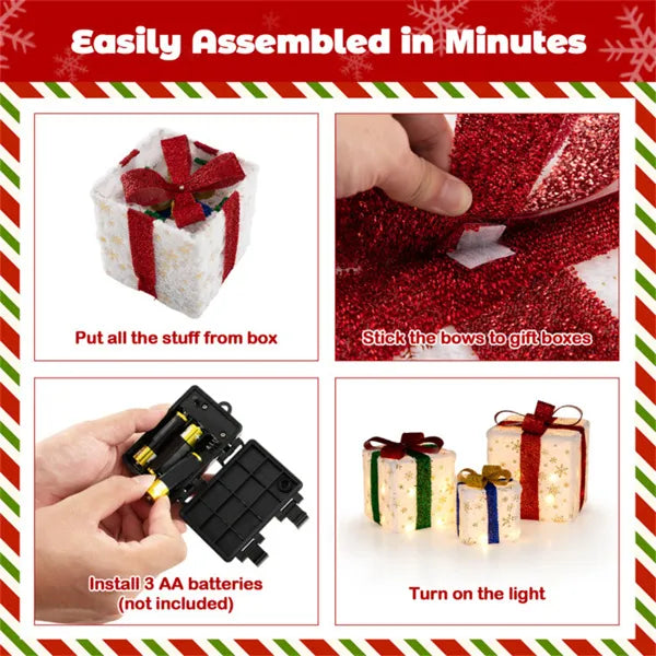Lighted Christmas Gift Boxes, Set of 3 Battery-Operated Snowflake Present Decorations With 48 Warm White Lights and Glitter Bows
