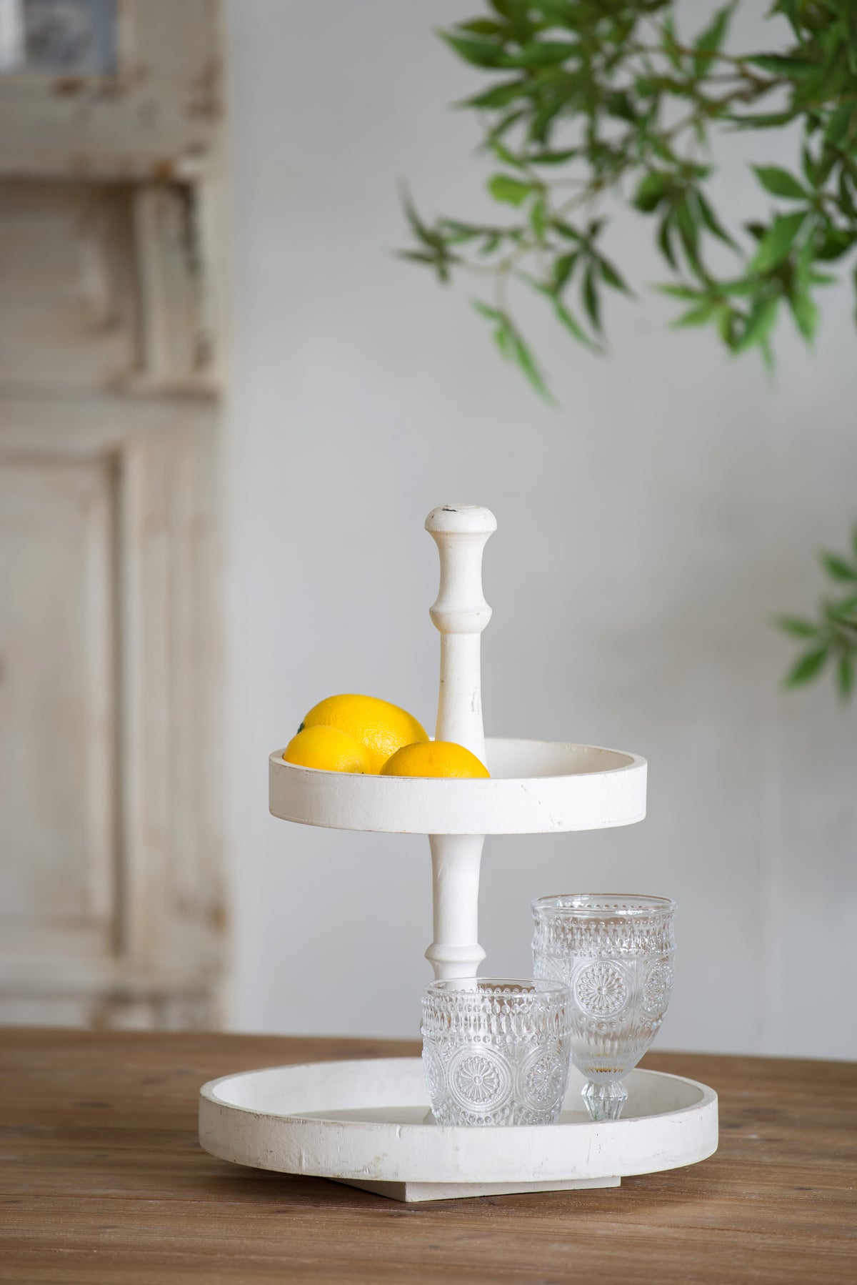 Two-Tiered Round Wooden Tray, White Farmhouse Tiered Serving Stand, 11.8 x 15.4 in.