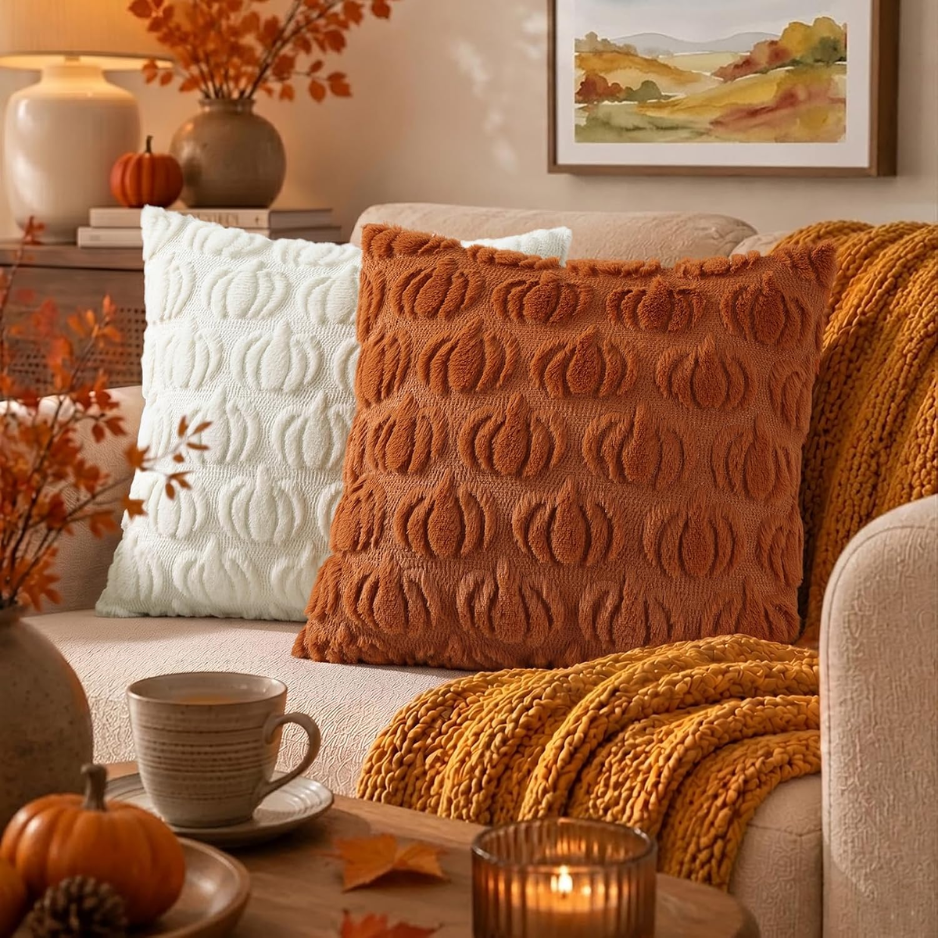 Pumpkin Throw Pillow Covers 18x18 Set of 2, Light Rust Faux Fur Fall Decor Cushion Cases with Velvet Back