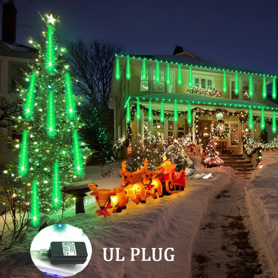 Meteor Shower Lights Outdoor, 8 Tube 192 LED Green Falling Rain Icicle String Lights for Christmas and Halloween, 12 in Tubes