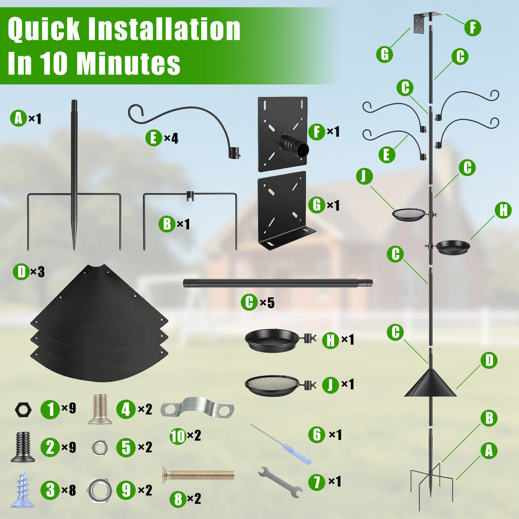 Bird Feeder Pole 94 Inch Squirrel Proof Bird Feeding Station, Black Iron Pole With 4 Shepherd Hooks, Water Bowl, Mesh Tray and 5-Prong Base