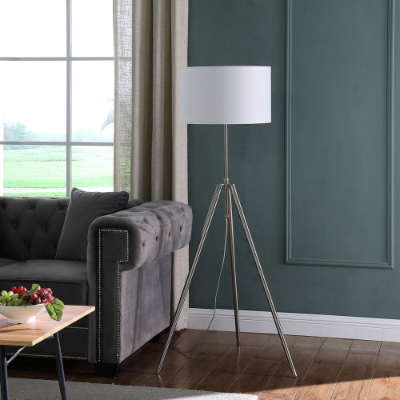 Adjustable Tripod Floor Lamp, 47-64 In Chrome Silver Metal With White Linen Drum Shade, Mid-Century Modern