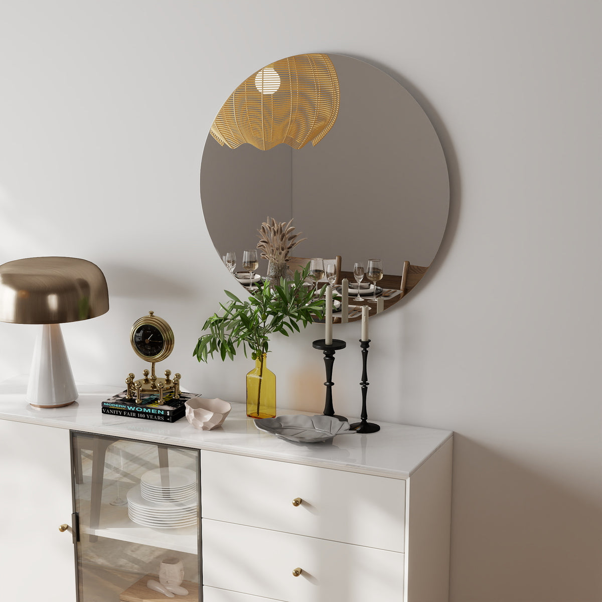 Round Wall Mirror, 31.5 In. Frameless Bathroom and Entryway Mirror in Antique Silver