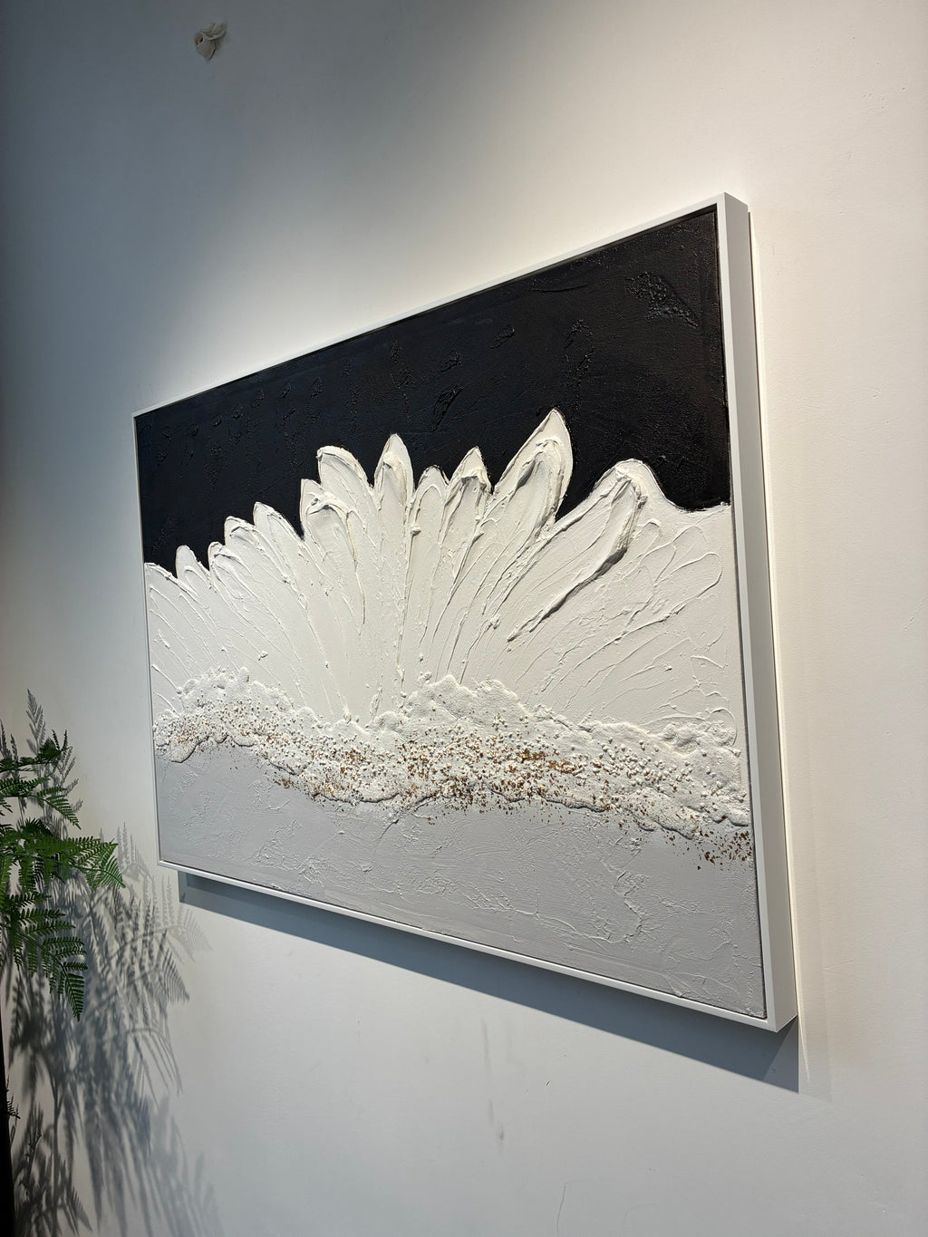 Framed Abstract Wall Art 28x40 In, Black and White Textured Canvas Painting with Grey and Gold Accents