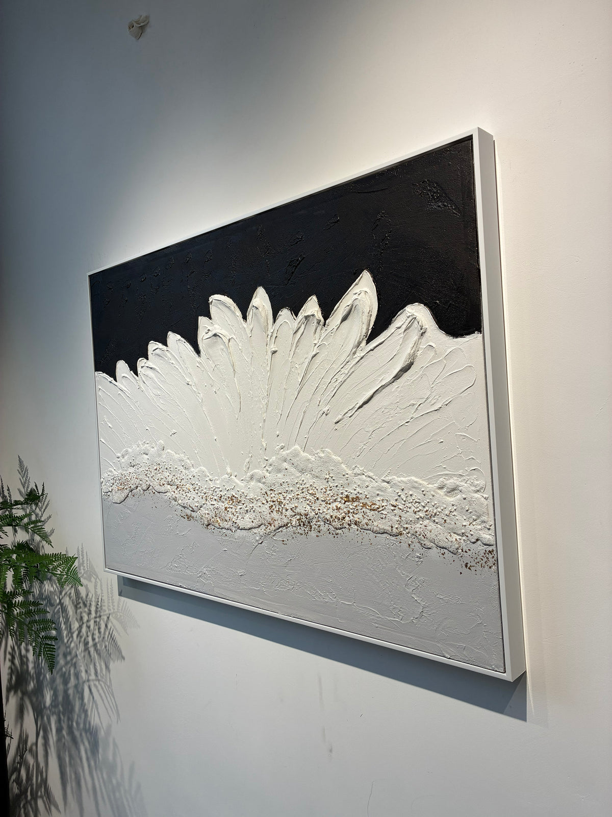 Framed Abstract Wall Art 28x40 In, Black and White Textured Canvas Painting with Grey and Gold Accents