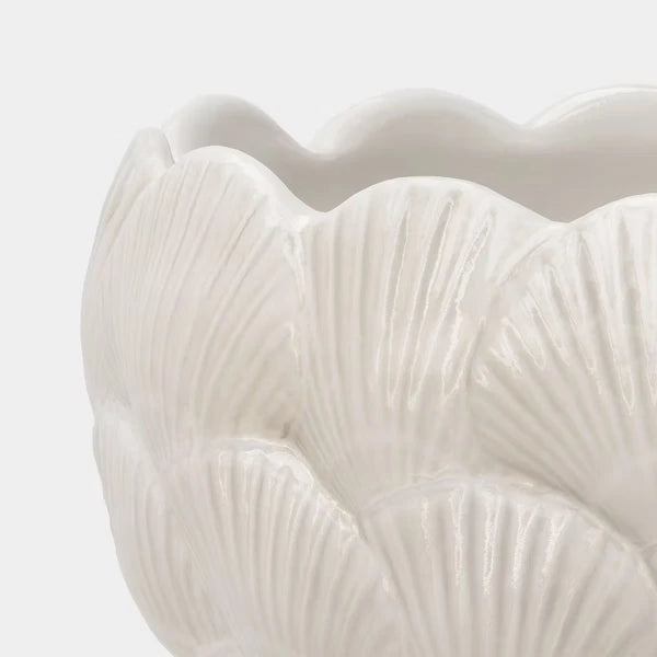 8-Inch Ceramic Clam Shell Planter, Ivory Scalloped Flower Pot With Drainage Hole and Bun Feet for Patio, Garden and Indoor Decor