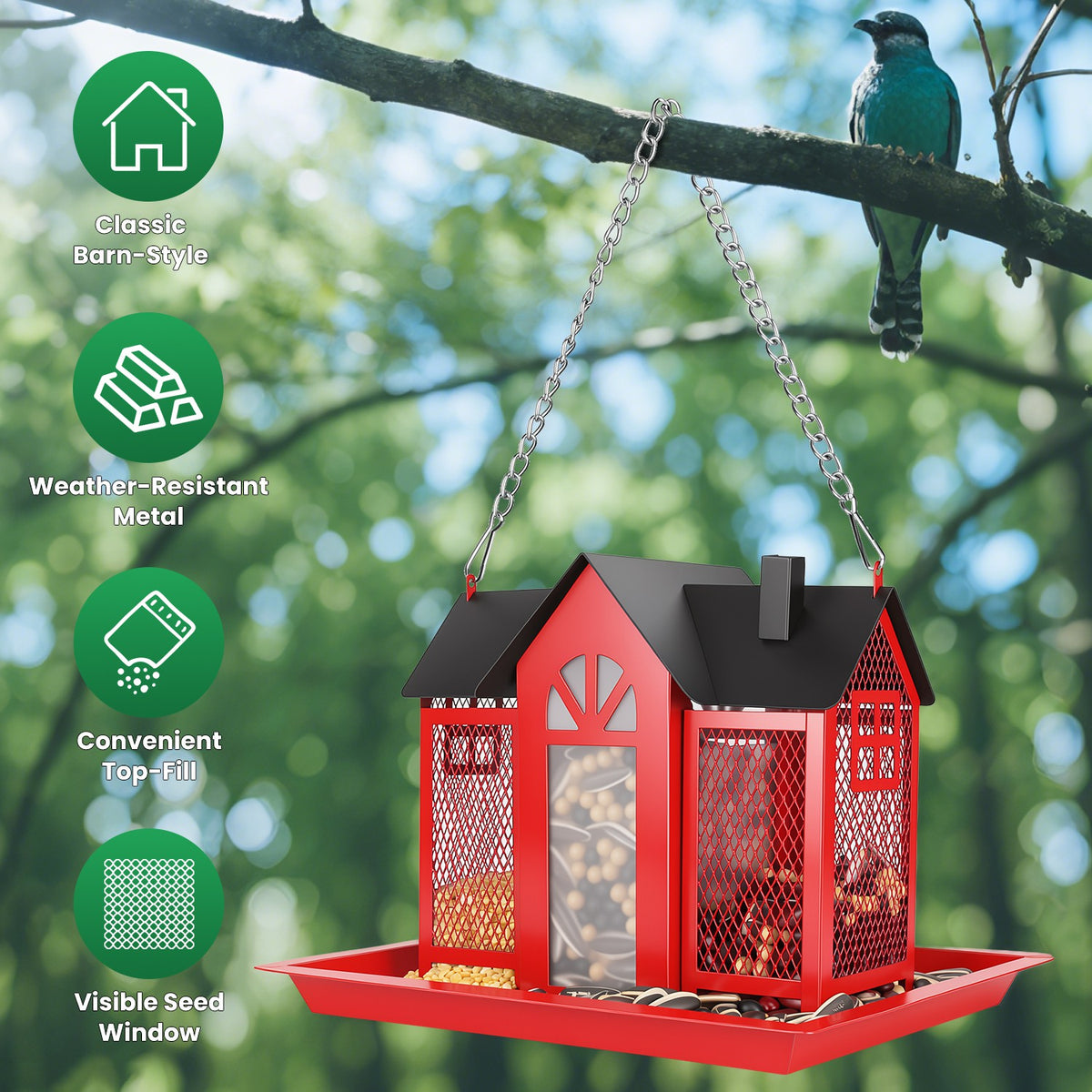 Metal Hanging Bird Feeder House, Barn Style Iron Wild Bird Seed Feeder with Visible Window and Lift-Top Lid, 15.75 in Chain, White or Red