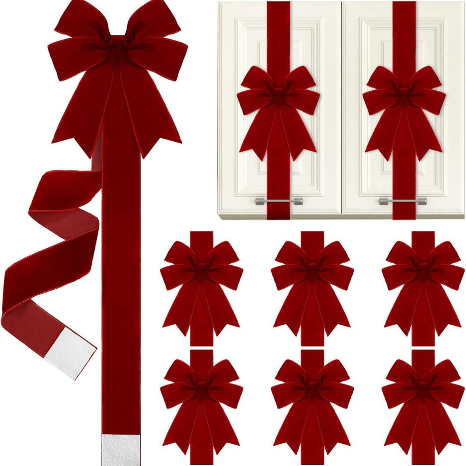 Burgundy Velvet Christmas Cabinet Bows, Set of 6 Large Door Bows With 78.7 Inch Ribbons for Kitchen and Holiday Decor