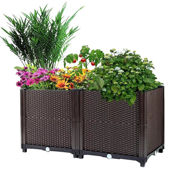Raised Garden Bed With Self-Watering Tray, Brown Rattan-Look Planter Box for Patio, Balcony, Vegetables and Herbs