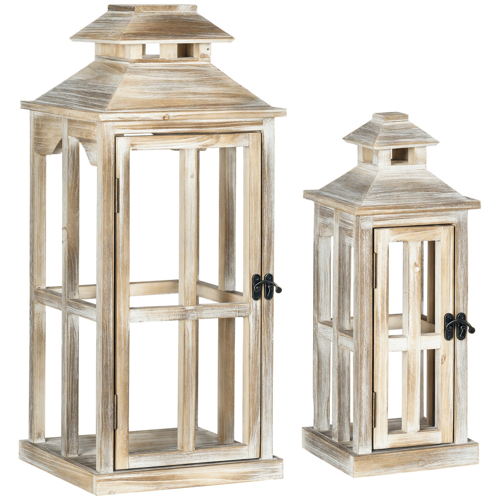 Rustic Wooden Candle Lanterns, Set of 2, Whitewashed Fir Wood Decorative Floor Lanterns for Indoor and Covered Outdoor Use, Natural