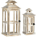 Rustic Wooden Candle Lanterns, Set of 2, Whitewashed Fir Wood Decorative Floor Lanterns for Indoor and Covered Outdoor Use, Natural