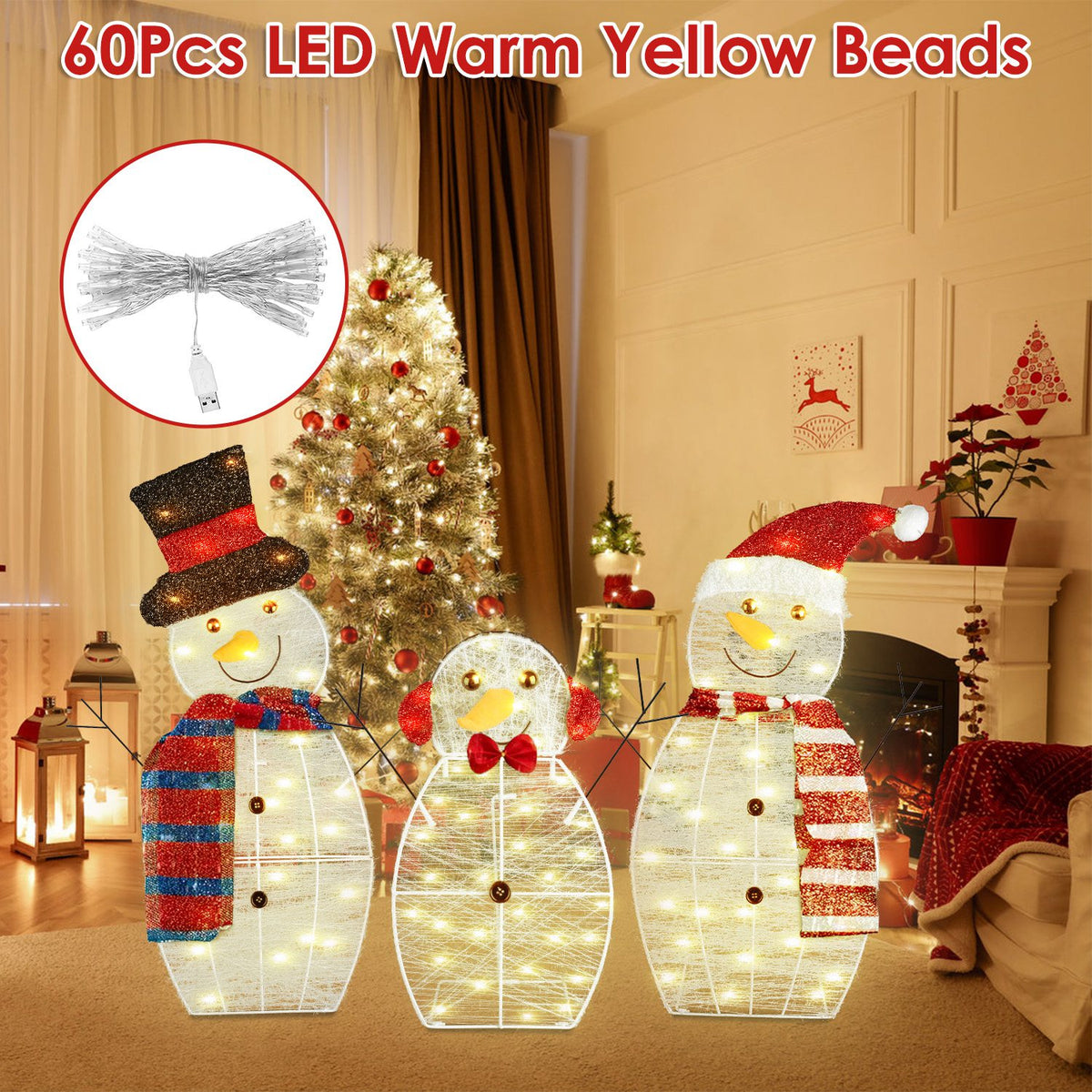 Lighted Snowman Family Yard Decoration, 3 Piece 2D Christmas Snowmen With 60 Warm White LED Lights, Indoor Outdoor Display