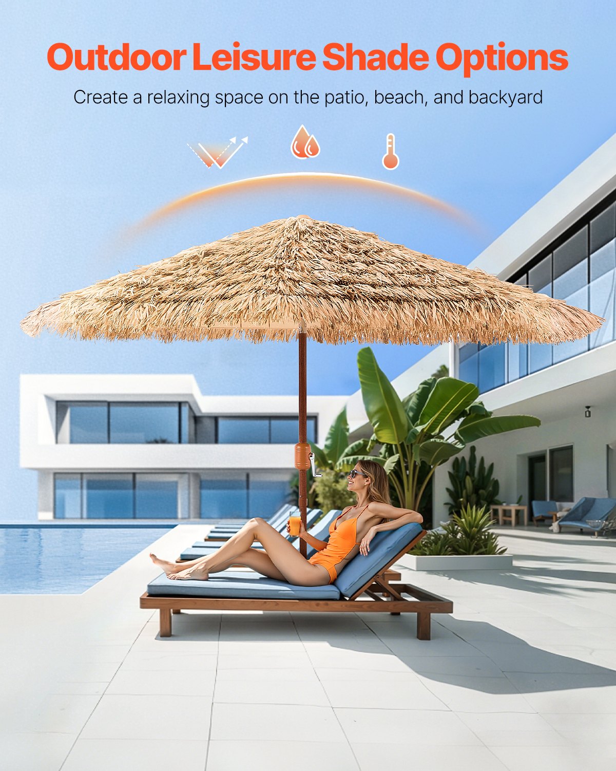 Tiki Thatched Patio Umbrella, 9 Ft Tilting Poolside and Beach Umbrella in Natural