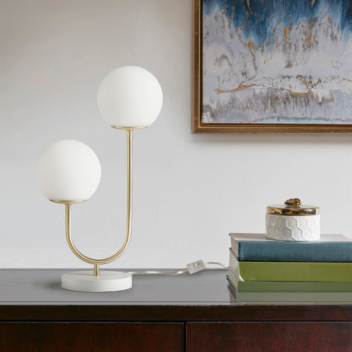 2-Light Globe Table Lamp, Gold Metal With Frosted Glass Globes and White Base, 20 in. Modern Bedside Lamp