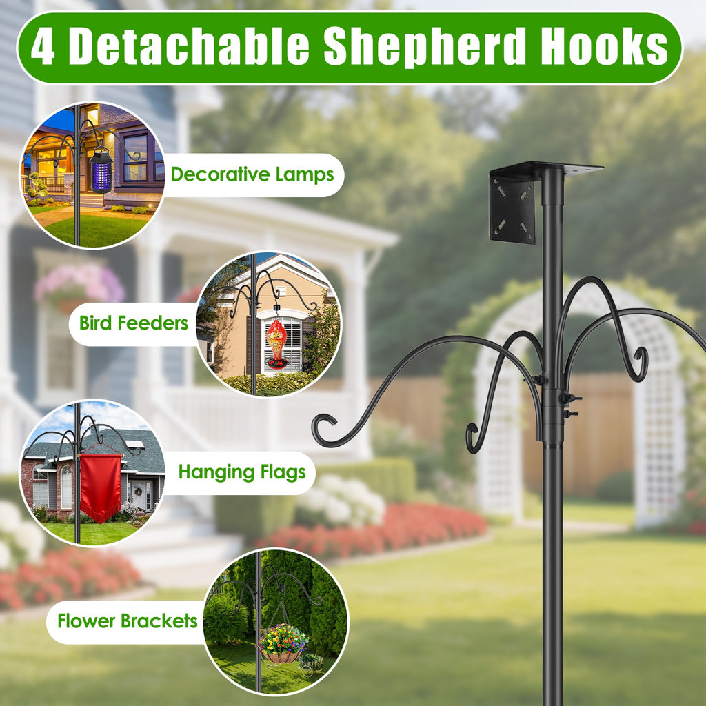 Bird Feeder Pole 94 Inch Squirrel Proof Bird Feeding Station, Black Iron Pole With 4 Shepherd Hooks, Water Bowl, Mesh Tray and 5-Prong Base