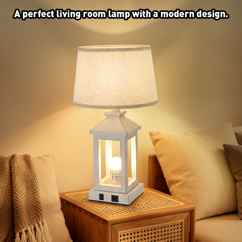 Farmhouse Table Lamps Set of 2, 20.5 In White Lantern Nightstand Lamps With USB C and A Ports, AC Outlet and Linen Shade