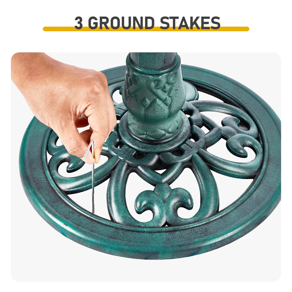 Resin Bird Bath With Solar Fountain, Dark Green Shell-Edge Basin on Pedestal, 1.4W Solar Pump, Outdoor Garden Decor