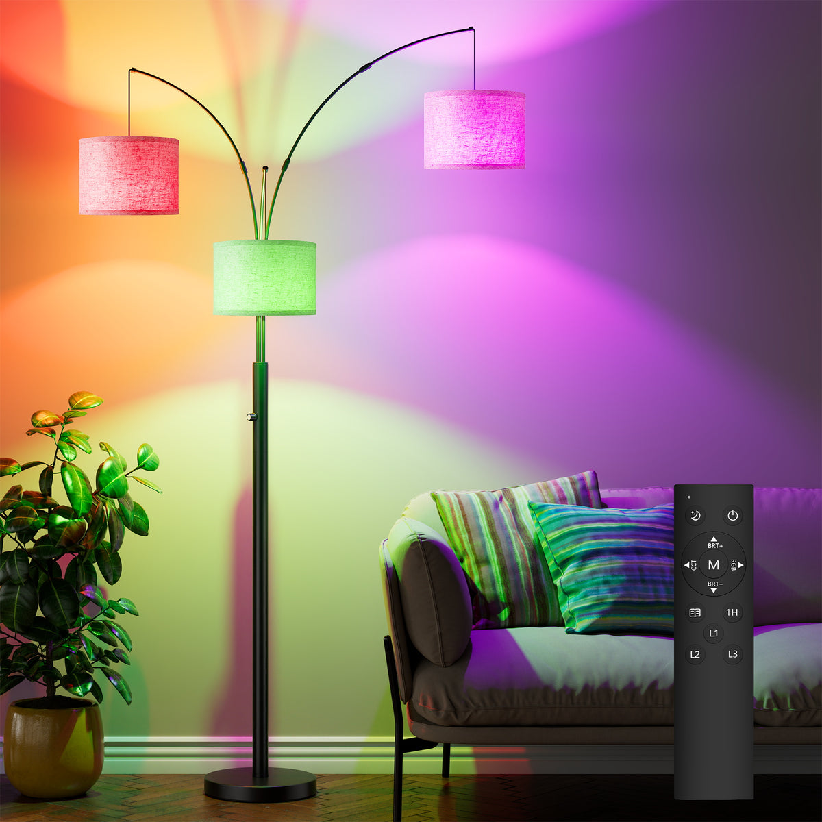 3-Light Arc Floor Lamp, Black Metal Tree Floor Lamp With Dimmable 3 Color Temperature Heads for Living Room and Bedroom