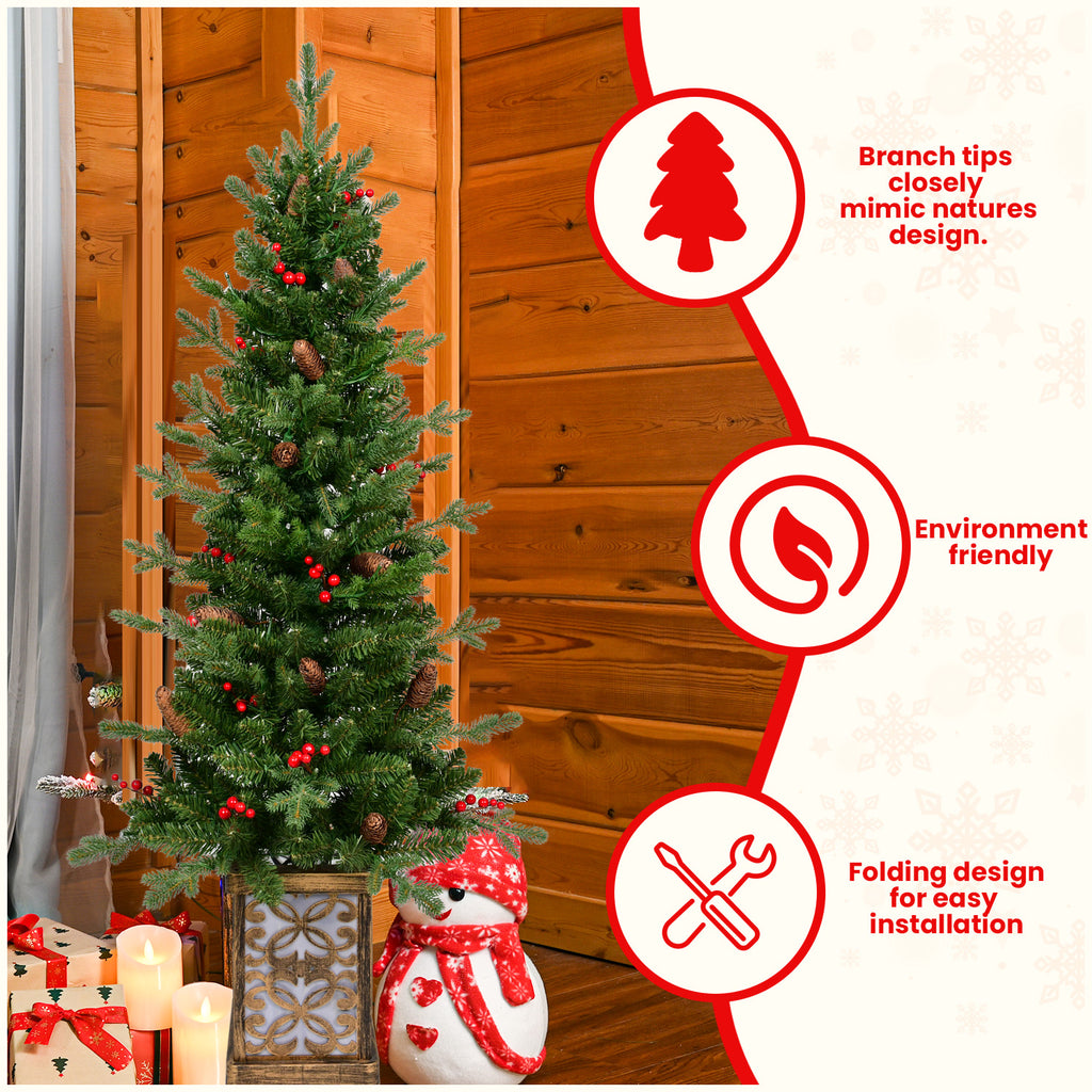 4 Ft Pre-Lit Potted Christmas Tree, Slim Artificial Porch Tree With Multicolor Lights, Pine Cones and Red Berries