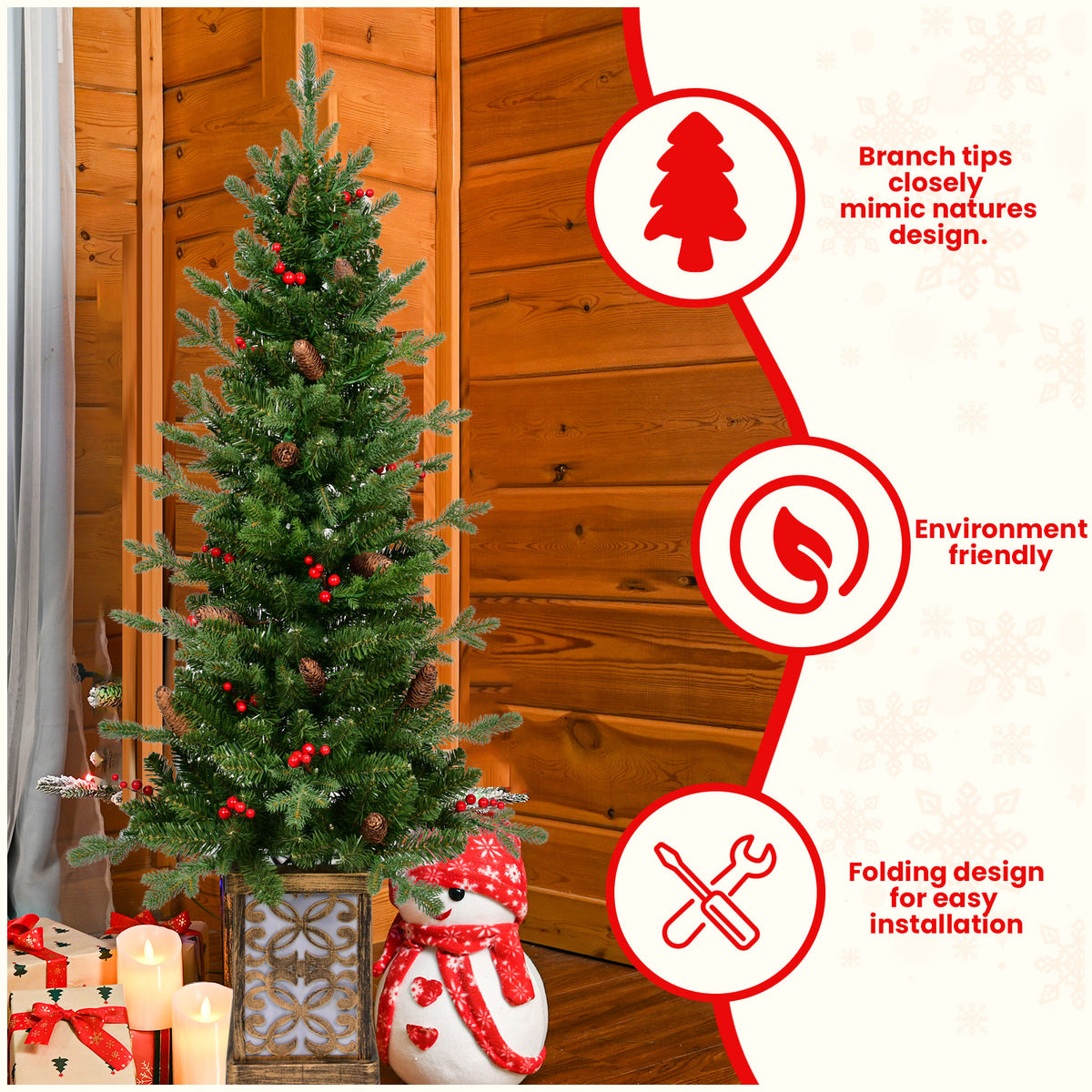 4 Ft Pre-Lit Potted Christmas Tree, Slim Artificial Porch Tree With Multicolor Lights, Pine Cones and Red Berries