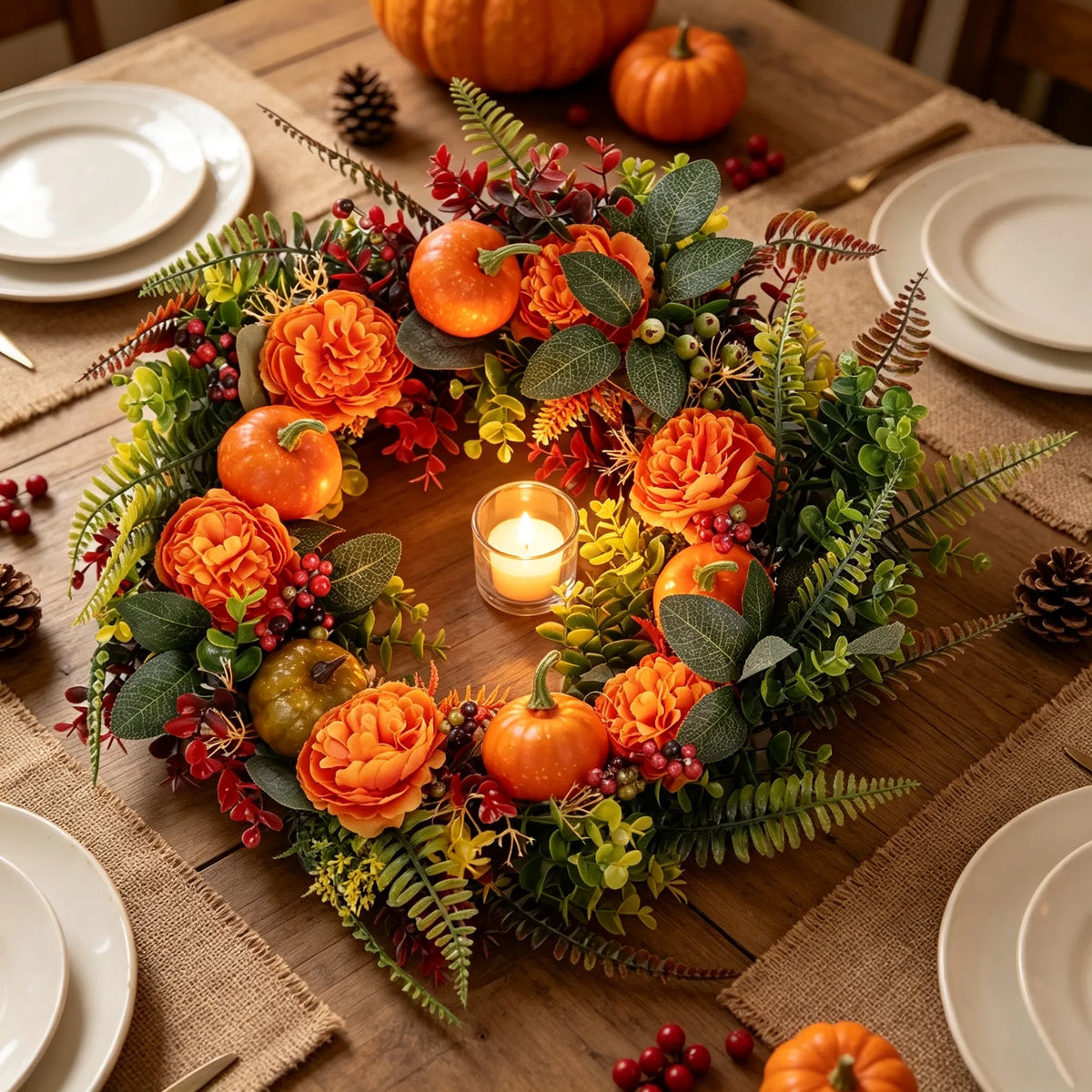 Fall Front Door Wreath With Mini Pumpkins, Red Berries and Mixed Leaves, 17.71 Inch Orange and Green Autumn Wreath