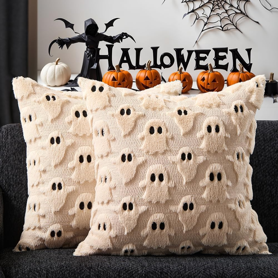 Halloween Ghost Pillow Covers, Set of 2, 18x18 Inch Beige Plush Throw Cushion Cases With Hidden Zipper