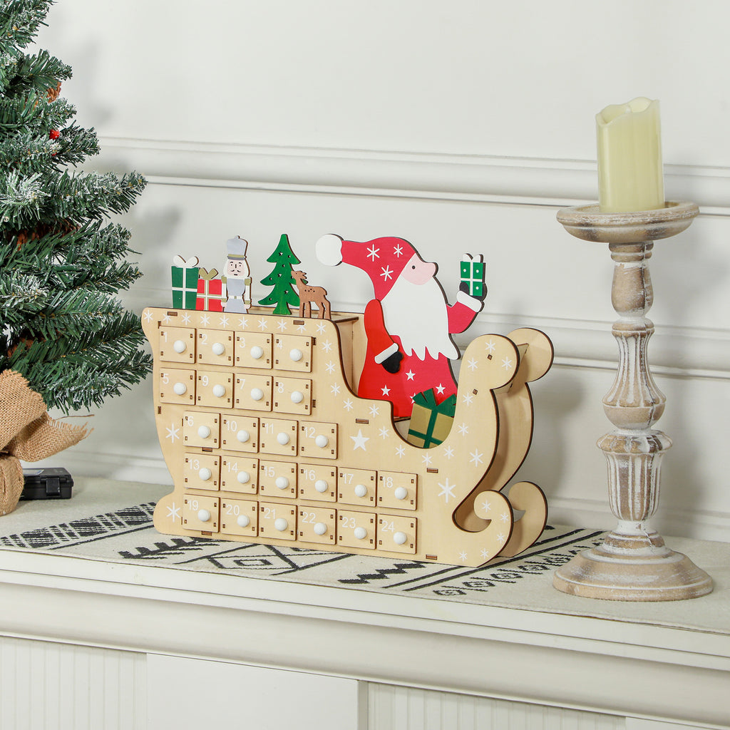 Wooden Christmas Advent Calendar with 24 Countdown Drawers, Santa Sleigh Holiday Decor, Natural