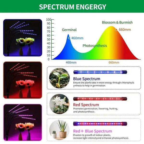 Full Spectrum LED Grow Light With Adjustable Floor Stand, 80 LEDs, 5 Dimming Levels and Auto Timer, Black