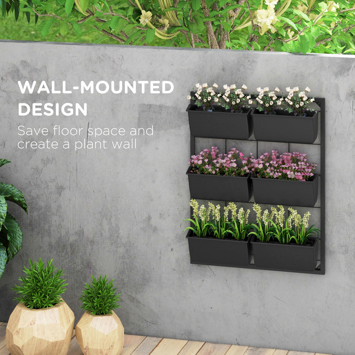 3-Tier Wall Mounted Planter With 6 Self-Draining Pots, Black Steel Vertical Garden For Indoor And Outdoor Herbs