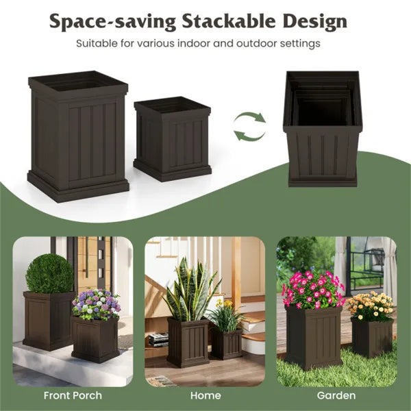 Square Planter Box Set of 2, Stackable Brown Planters With Drainage Holes for Indoor and Outdoor Use