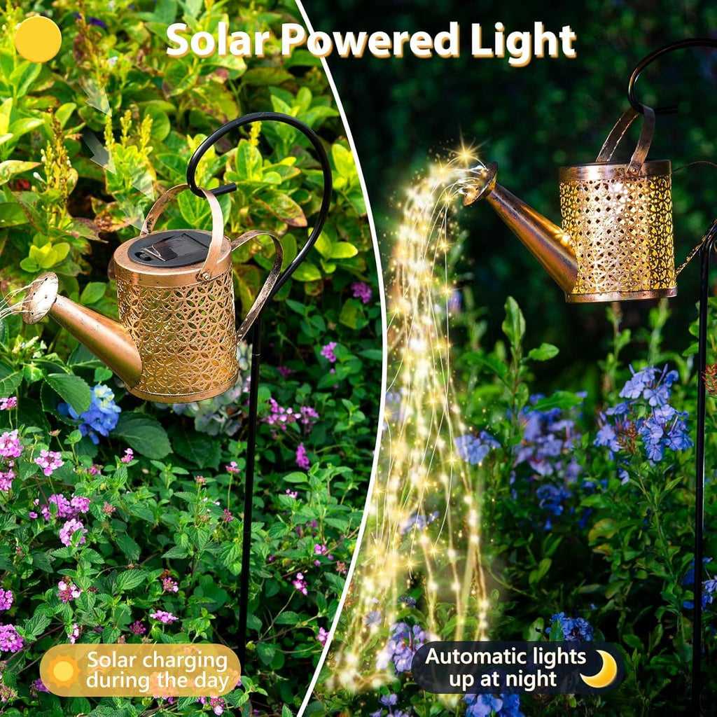 Solar Watering Can With Cascading String Lights, Metal Garden Stake Lantern With 32" Shepherd Hook, Waterproof Outdoor Pathway Decor