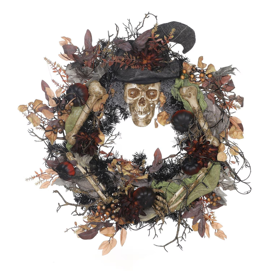 Pre-Lit Halloween Skeleton Wreath, 26 Inch Black Lighted Door Wreath With Red LED Eyes
