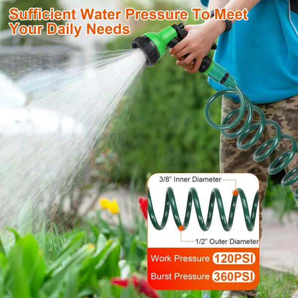 Coiled Garden Hose With 7-Pattern Spray Nozzle, 65.6 ft Self-Coiling Green Water Hose With Faucet Adapter