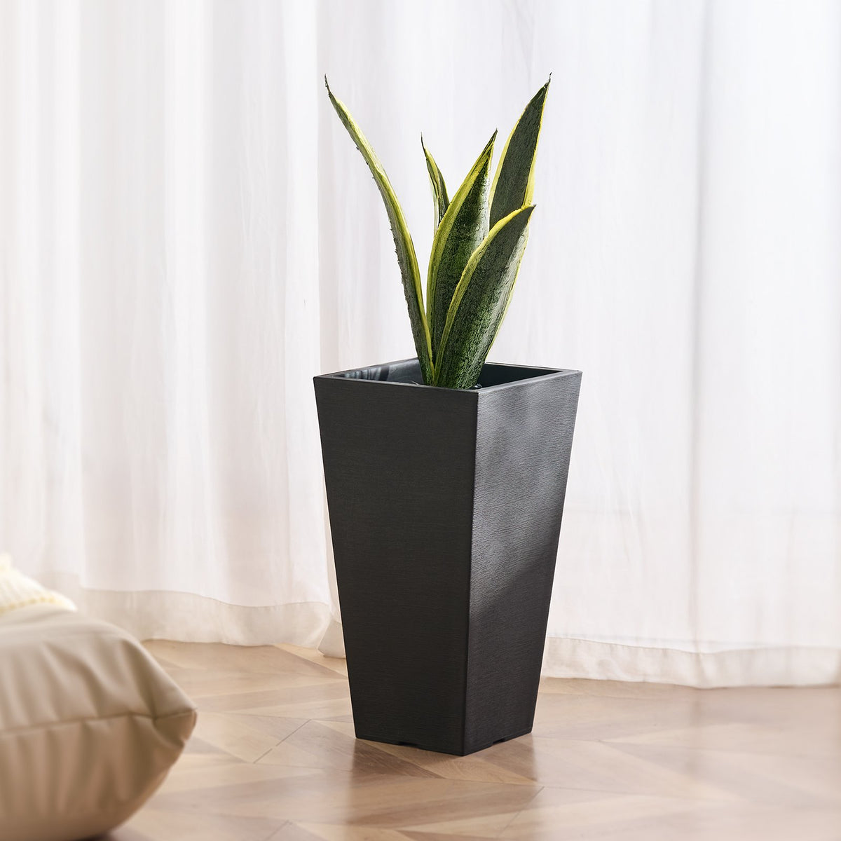 Tall Outdoor Planters Set of 2, 22 Inch Black Square Plant Pots With Built-In Drainage for Porch, Patio, and Indoor Plants