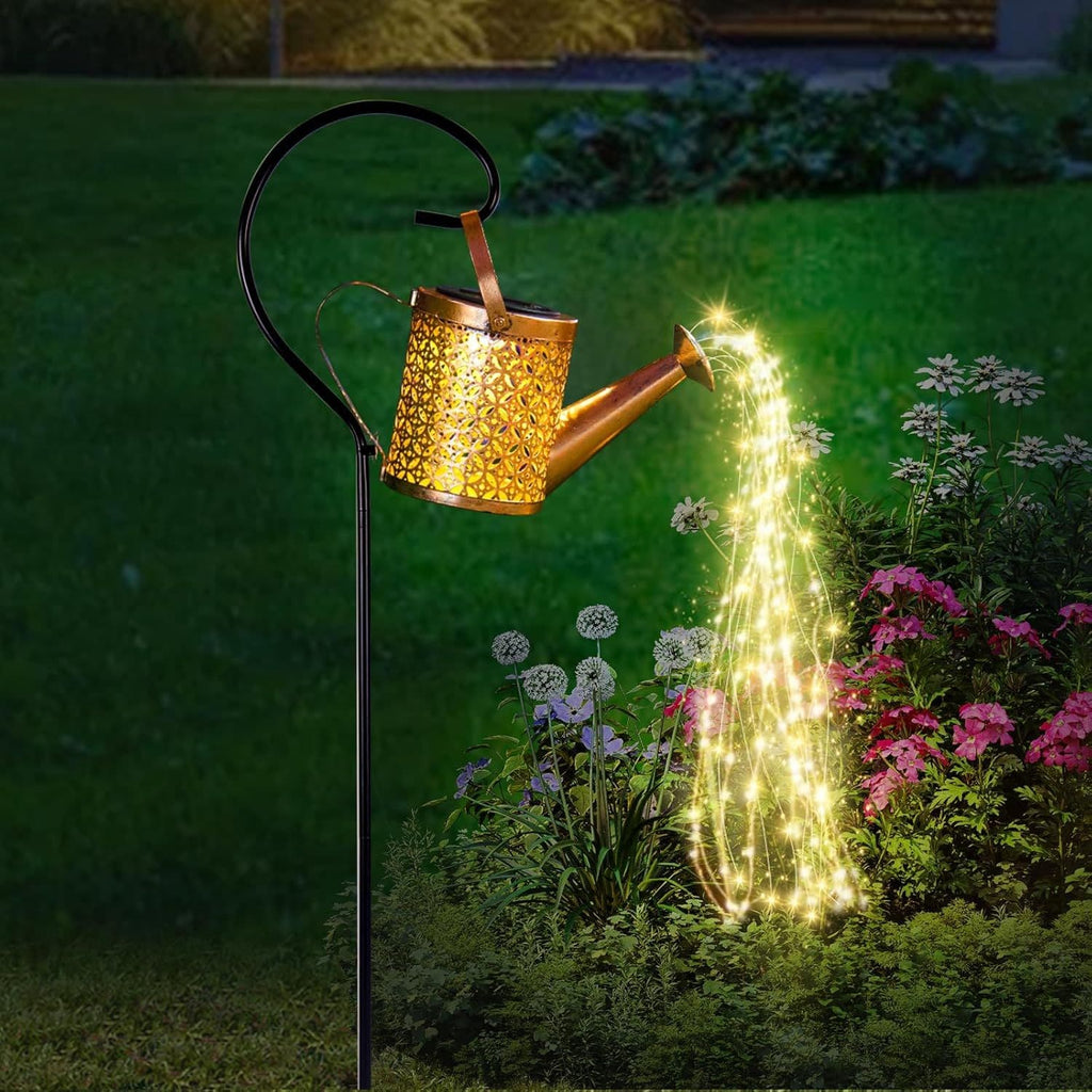 Solar Watering Can With Cascading String Lights, Metal Garden Stake Lantern With 32" Shepherd Hook, Waterproof Outdoor Pathway Decor