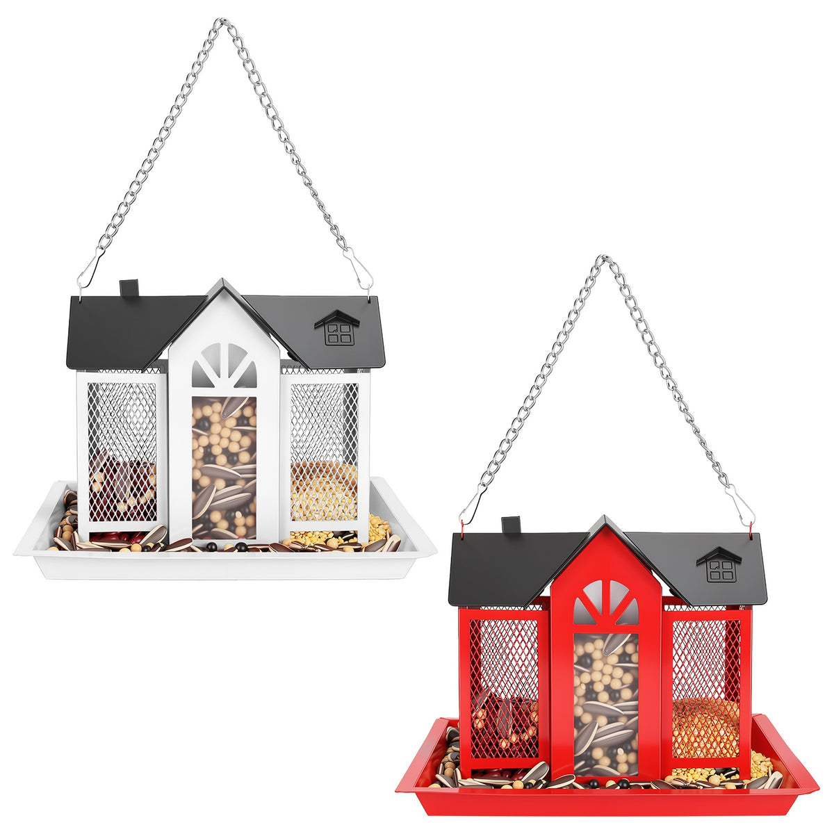 Metal Hanging Bird Feeder House, Barn Style Iron Wild Bird Seed Feeder with Visible Window and Lift-Top Lid, 15.75 in Chain, White or Red