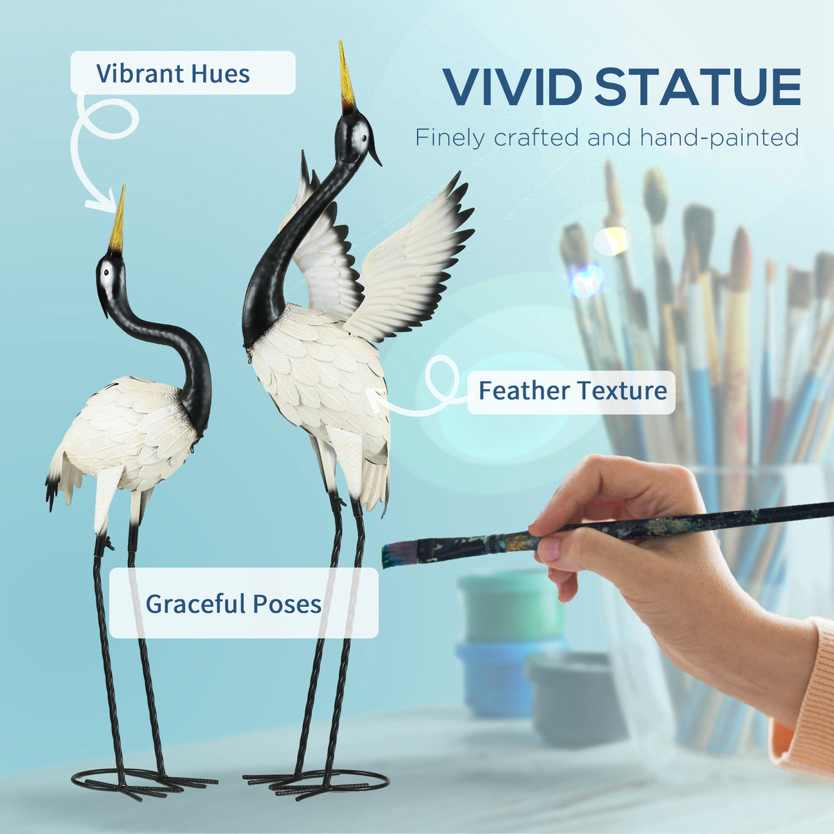 Metal Heron Garden Statues, Set of 2 Standing Crane Yard Sculptures in White and Black, 35.5" and 40.5" Steel Lawn Decor
