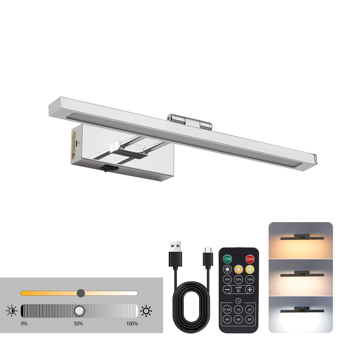 Battery Picture Light, 16 Inch Wireless LED Art Light With Remote, Chrome Metal Rechargeable Wall Sconce for Paintings and Photo Frames