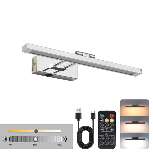 Battery Picture Light, 16 Inch Wireless LED Art Light With Remote, Chrome Metal Rechargeable Wall Sconce for Paintings and Photo Frames