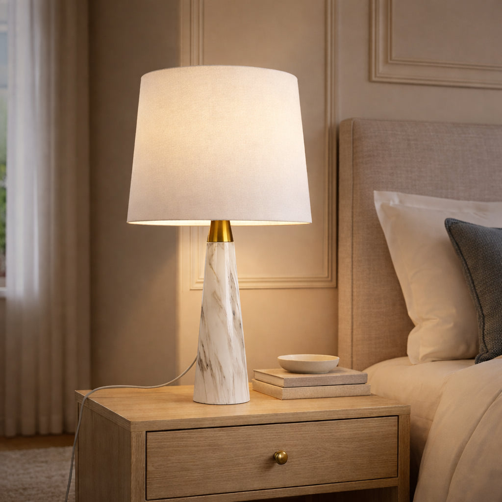 White Faux Marble Table Lamp With Fabric Shade, 25 in. Gold Accent Bedside Lamp