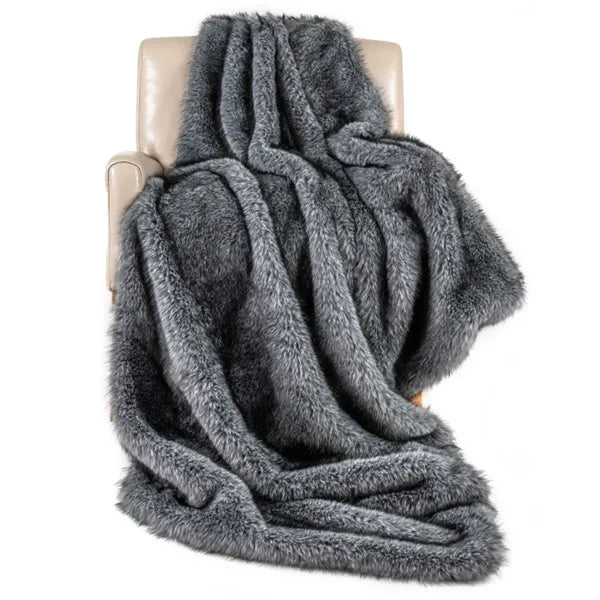 Faux Fur Throw Blanket, Gray Double-Sided Fleece Lined Twin Blanket, 60" x 80"