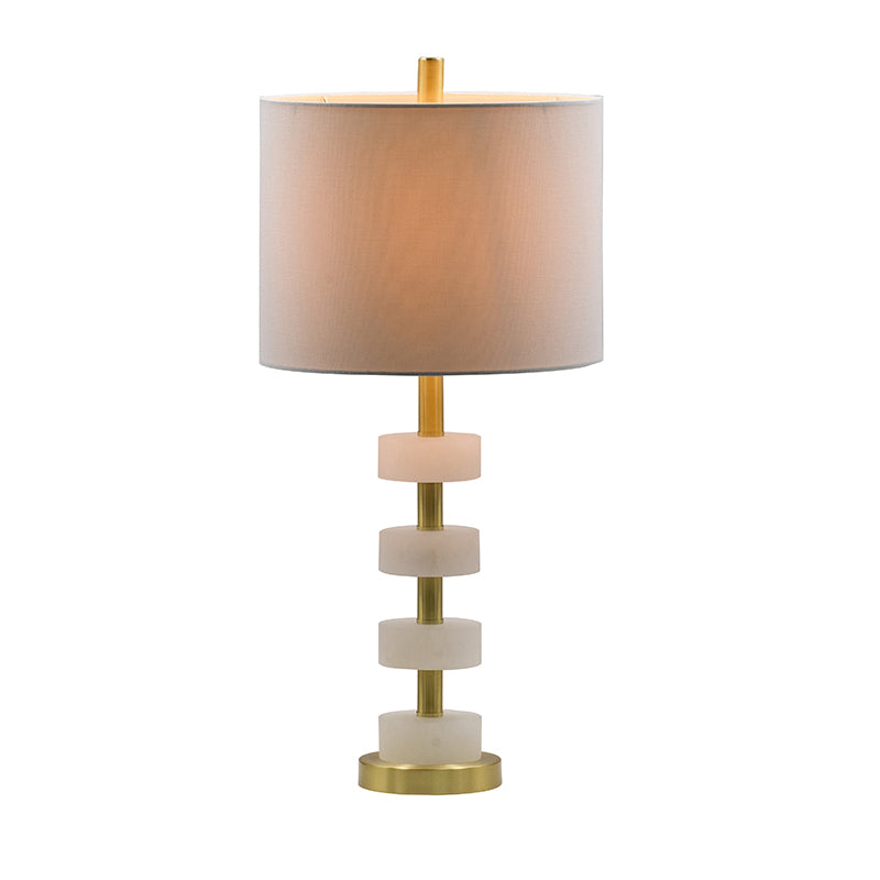Marble Table Lamp With Stacked Disc Base, White and Gold Drum Shade Accent Lamp, 13 x 13 x 26 in