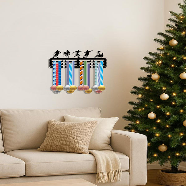 Soccer Medal Hanger Display Rack, Black Metal Wall-Mounted Sports Medal Holder with Player Silhouettes